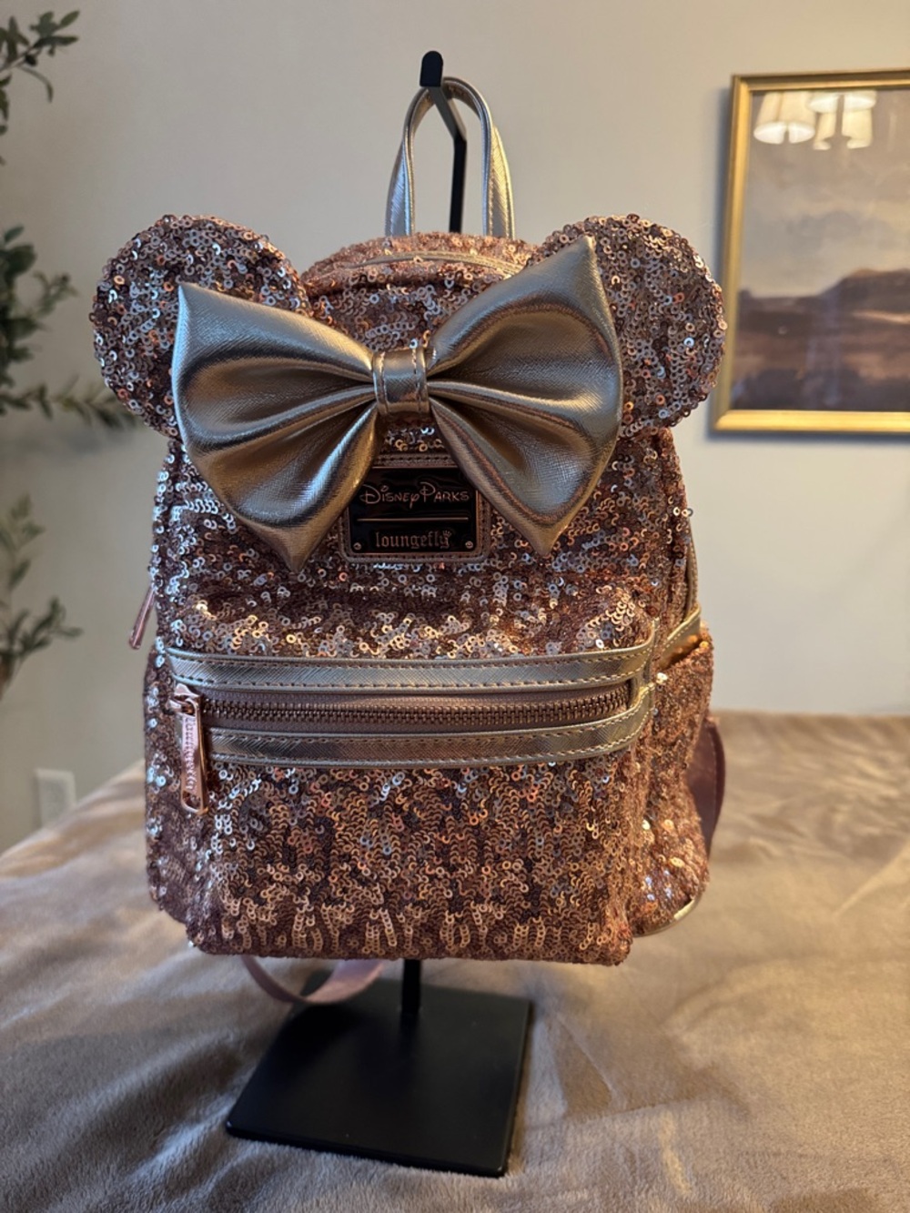 EUC! Loungefly Rose Gold Sequin Mini Backpack with Ears and a Metallic Bow - Picture 2 of 10